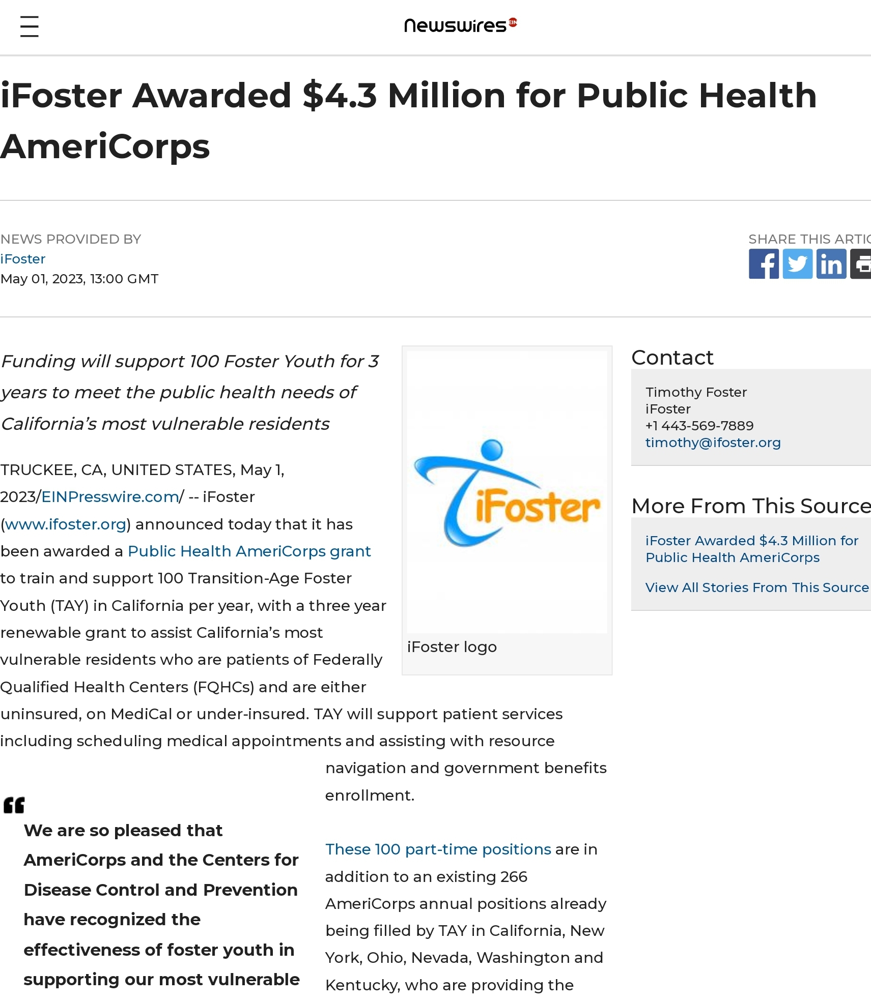 iFoster Awarded $4.3 Million for Public Health AmeriCorps