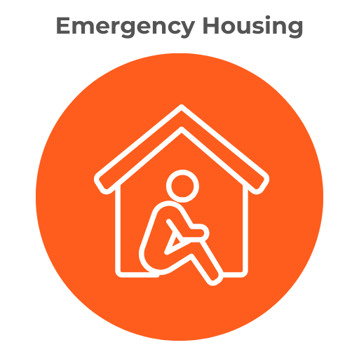 Emergency House icon in red orange showing a person sitting in the center of a house outline in white