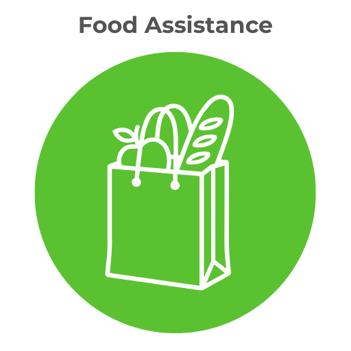 Food Assistance icon in green with outline of grocery bag.