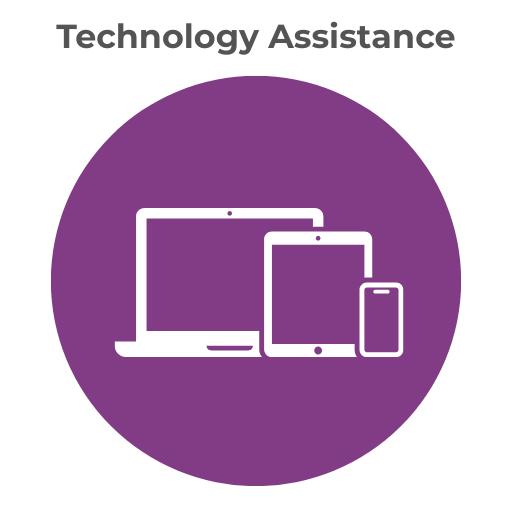 Technology Assistance Icon showing a laptop, tablet, and cellphone outlines in white with a purple background.